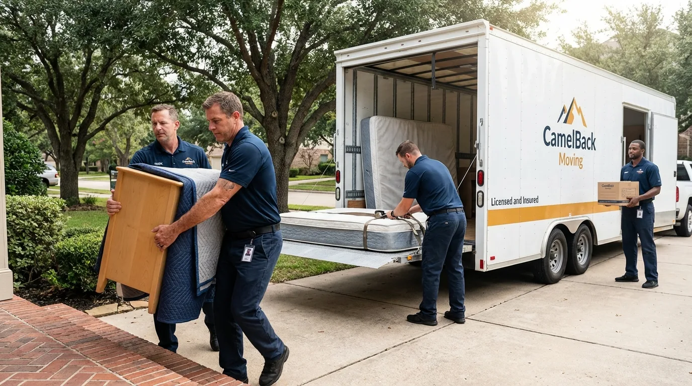 Crew loading residential truck for cross-state move from New Plymouth, ID