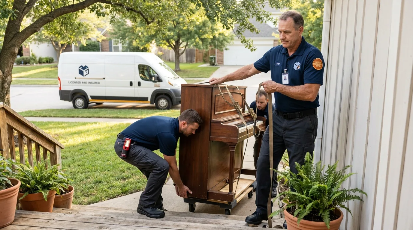 Licensed piano movers securing grand piano in New Plymouth, ID