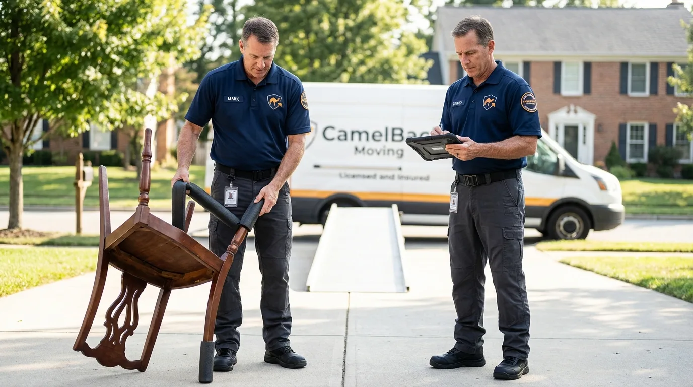 Movers inspecting furniture for damage prevention before loading in New Plymouth, ID