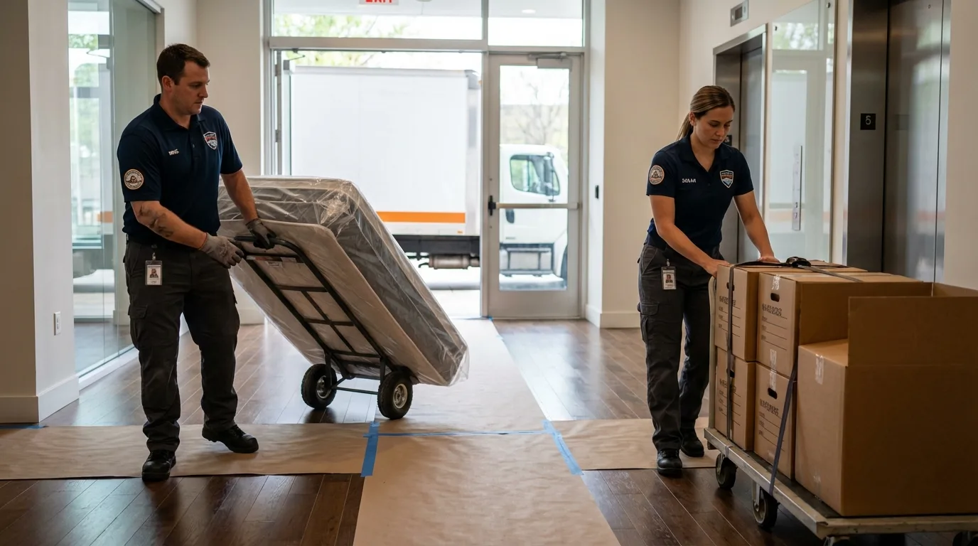 Professional apartment movers loading elevator in New Plymouth, ID