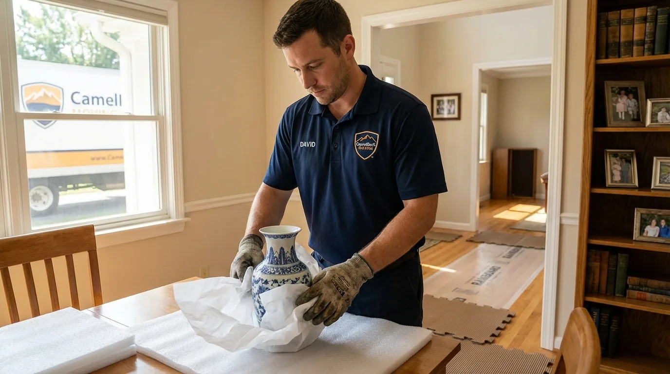 Professional crew carefully wrapping antique vase for senior downsizing move in New Plymouth, ID